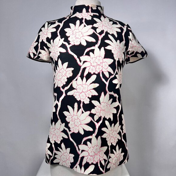 VALENTINO Black/White/Pink Floral Print Wool and Silk Short Sleeve Blouse